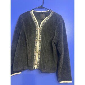 Women’s L Embroidered Cardigan Boho Metal Hook Closure Knit Sweater Chic